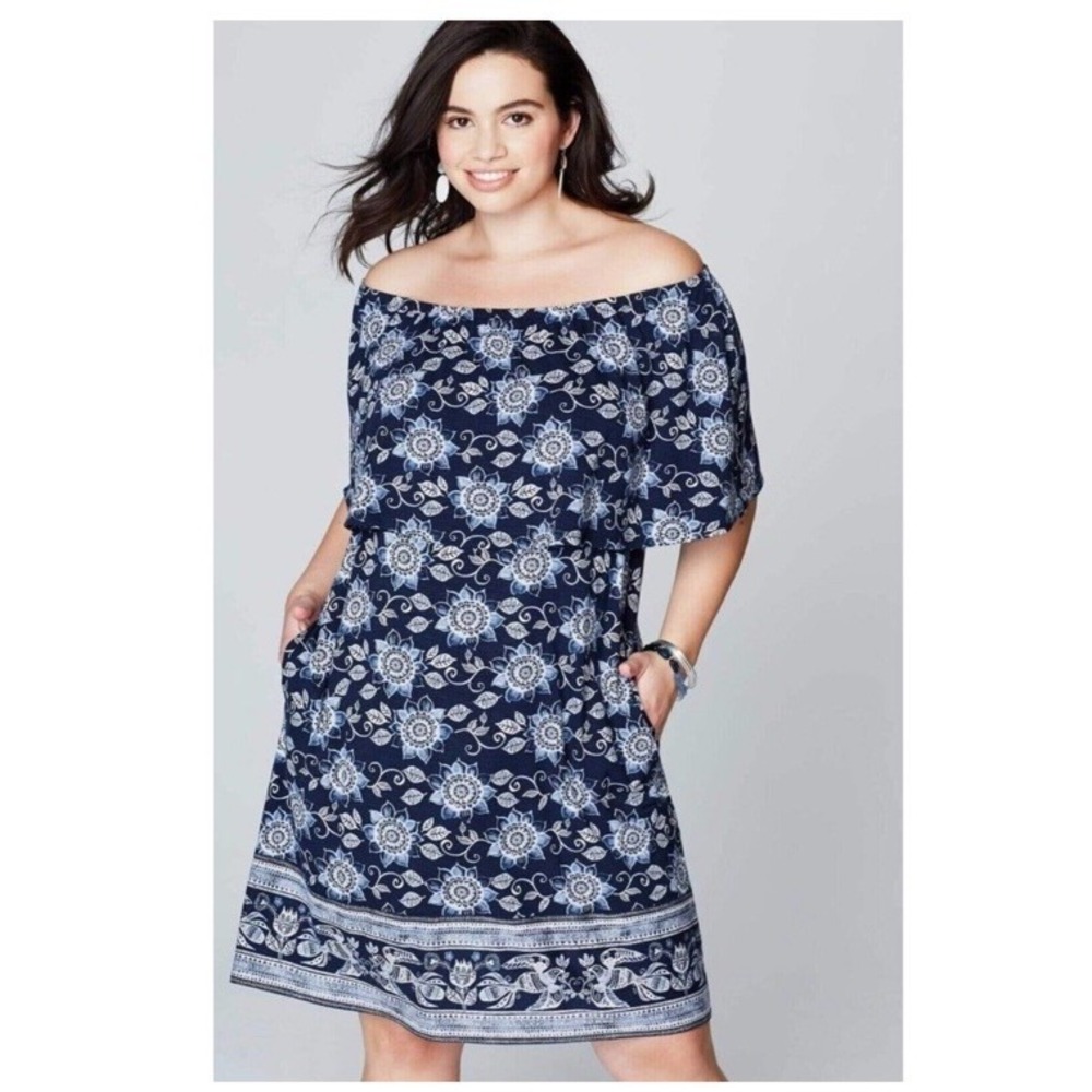 J.Jill Small Off The Shoulder Ruffle Tiered Dress Blue White Floral Jersey Knit